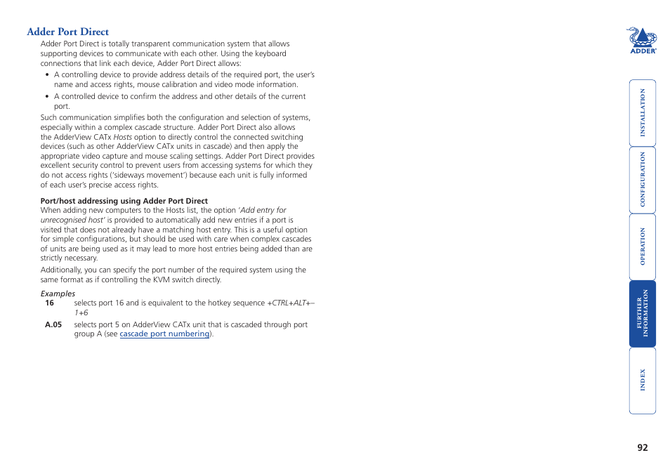 Adder port direct, Note: the, Feature (which allows interconnected | Adder Technology AdderView CATx EPS-S8 User Manual | Page 93 / 115