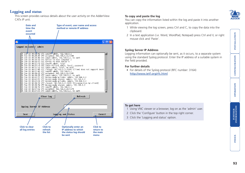 Logging and status | Adder Technology AdderView CATx EPS-S8 User Manual | Page 94 / 115