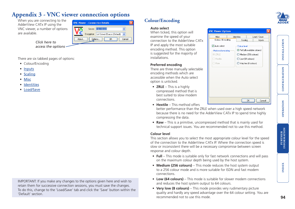 Appendix 3 - vnc viewer connection options, Colour/encoding, More | Options, Low (64 colours), Vnc viewer connection options | Adder Technology AdderView CATx EPS-S8 User Manual | Page 95 / 115