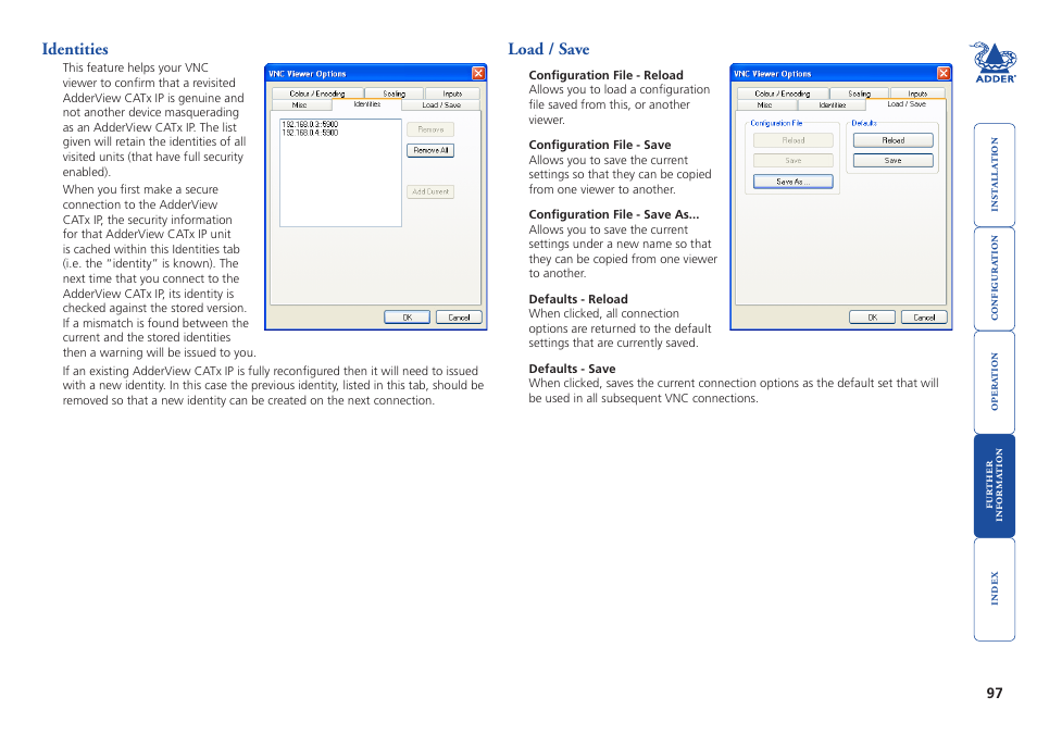 Identities, Load / save, Identities load / save | Load/save | Adder Technology AdderView CATx EPS-S8 User Manual | Page 98 / 115