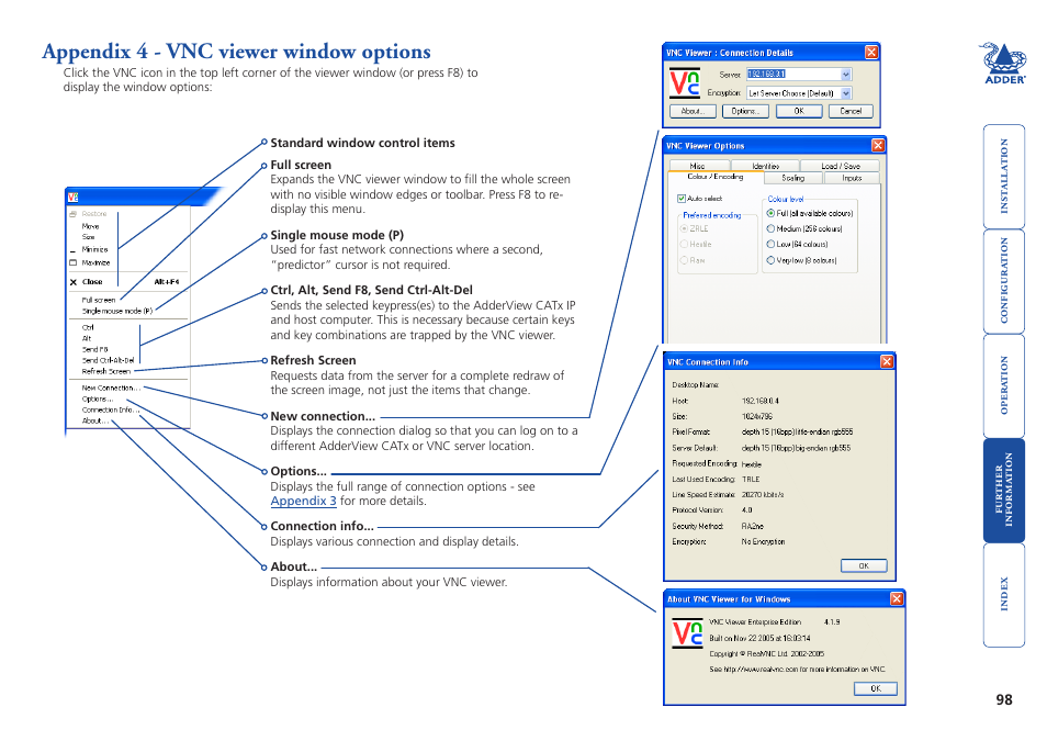 Appendix 4 - vnc viewer window options, Viewer options, Vnc viewer window options | Adder Technology AdderView CATx EPS-S8 User Manual | Page 99 / 115