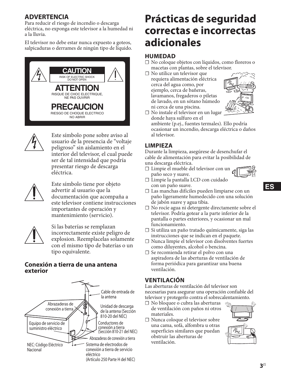 Attention, Precaucion, Advertencia | Caution, Conexión a tierra de una antena exterior | Sony KDL-40EX621 User Manual | Page 15 / 20