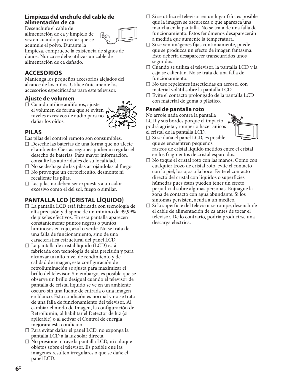 Accesorios, Pilas, Pantalla lcd (cristal líquido) | Sony KDL-40EX621 User Manual | Page 18 / 20