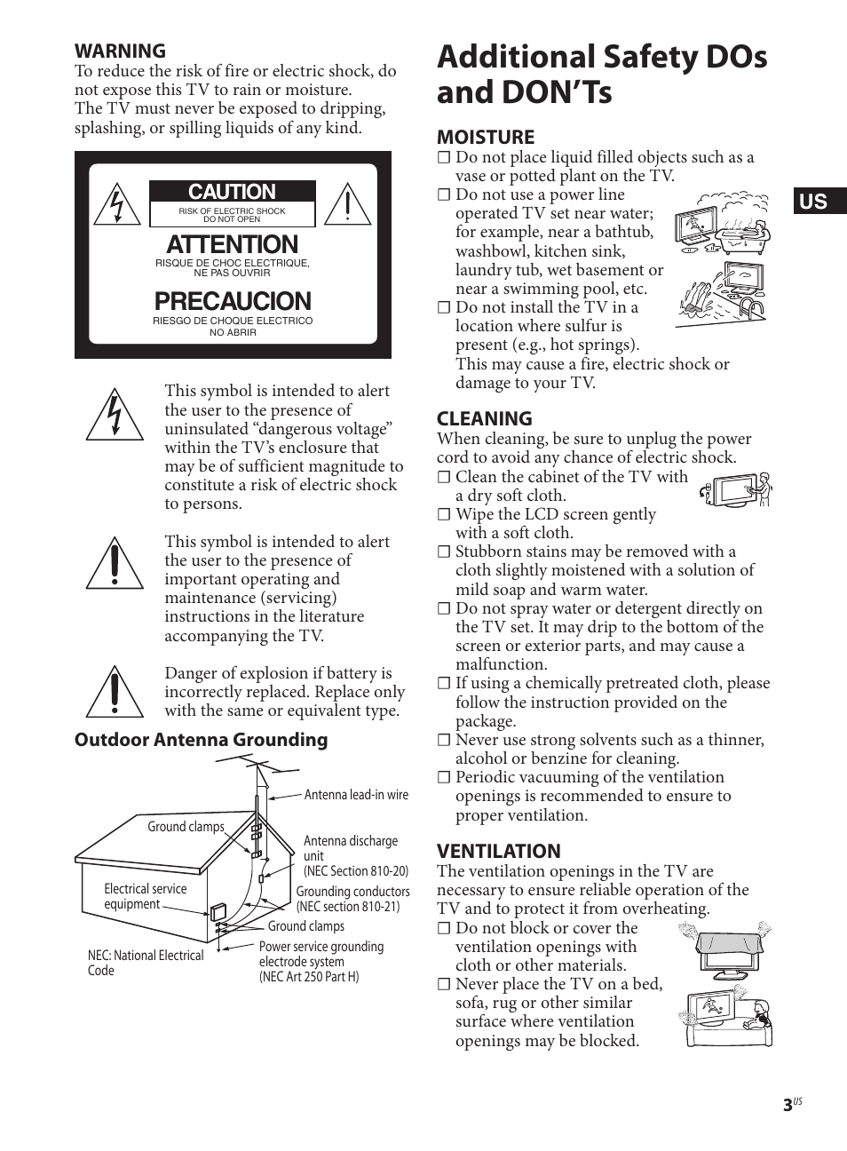Additional safety dos and don’ts, Attention, Precaucion | Warning, Caution, Moisture, Cleaning, Ventilation | Sony KDL-40EX621 User Manual | Page 3 / 20