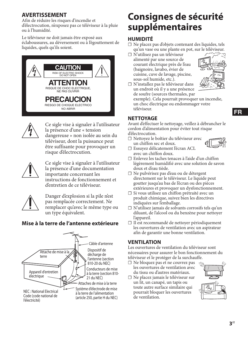 Consignes de sécurité supplémentaires, Attention, Precaucion | Fr avertissement, Caution, Mise à la terre de l’antenne extérieure | Sony KDL-40EX621 User Manual | Page 9 / 20