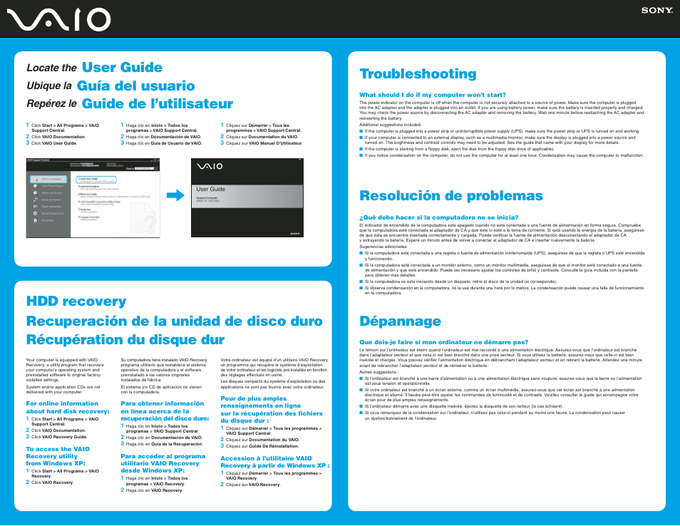 Troubleshooting, Resolución de problemas, Dépannage | User guide, Guía del usuario, Guide de l’utilisateur, Locate the, Ubique la, Repérez le | Sony VGN-FJ270 User Manual | Page 2 / 2