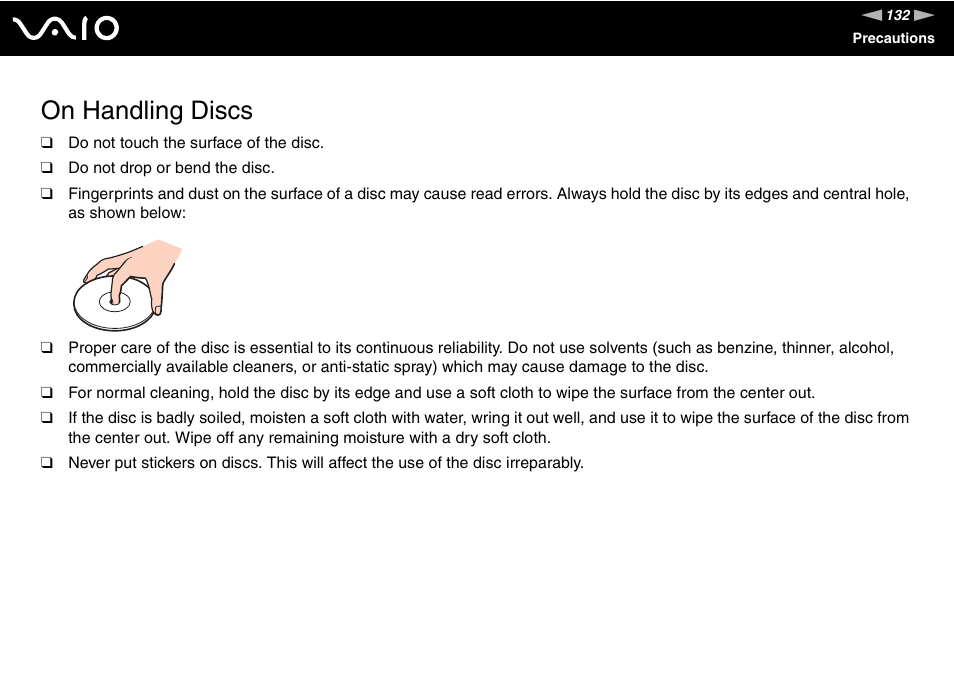 On handling discs | Sony VGN-TX750P User Manual | Page 132 / 195