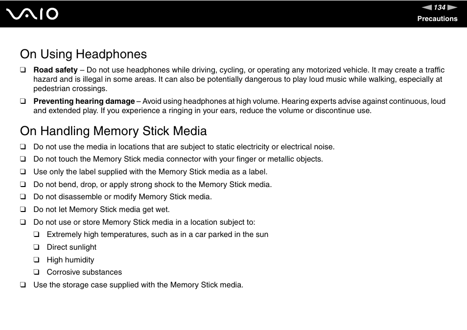 On using headphones, On handling memory stick media | Sony VGN-TX750P User Manual | Page 134 / 195