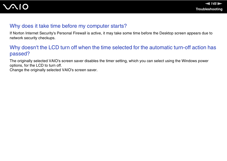 Why does it take time before my computer starts | Sony VGN-TX750P User Manual | Page 145 / 195