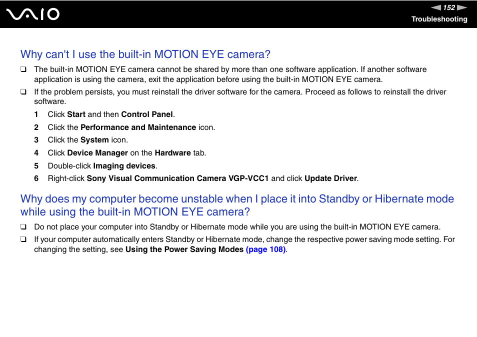 Why can't i use the built-in motion eye camera | Sony VGN-TX750P User Manual | Page 152 / 195