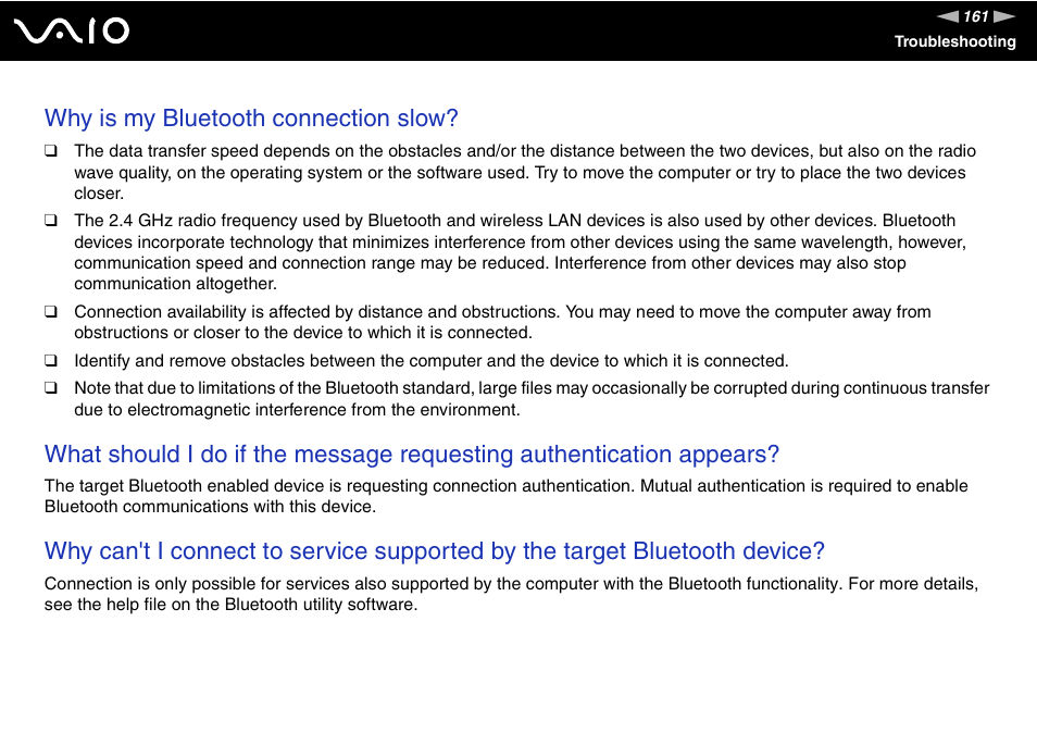 Why is my bluetooth connection slow | Sony VGN-TX750P User Manual | Page 161 / 195