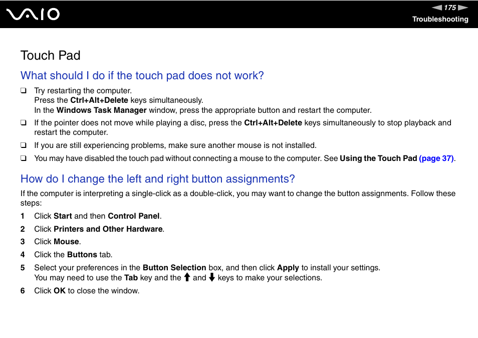 Touch pad, What should i do if the touch pad does not work | Sony VGN-TX750P User Manual | Page 175 / 195