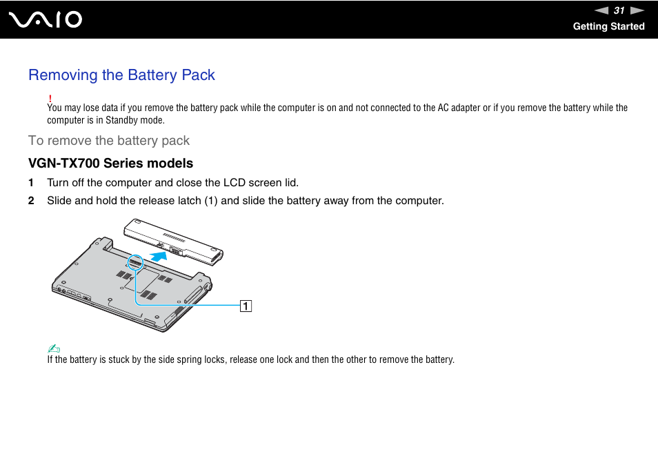 Removing the battery pack | Sony VGN-TX750P User Manual | Page 31 / 195