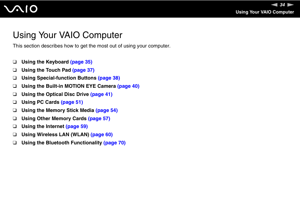 Using your vaio computer | Sony VGN-TX750P User Manual | Page 34 / 195