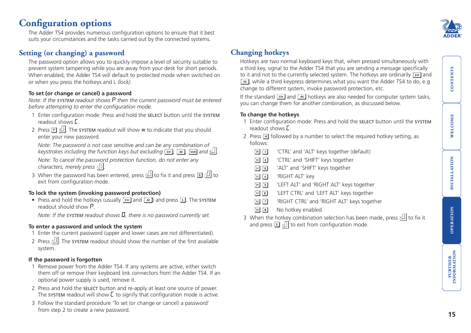 Configuration options, Setting (or changing) a password, Changing hotkeys | Configuration.options, Setting.(or.changing).a.password changing.hotkeys, D to gain access. see, Setting.(or.changing), A.password, Applications, see | Adder Technology Adder TS4 User Manual | Page 16 / 22