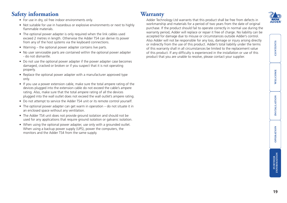 Safety information, Warranty, Safety.information warranty | Safety.information, Within the, Section of this guide. in particular | Adder Technology Adder TS4 User Manual | Page 20 / 22