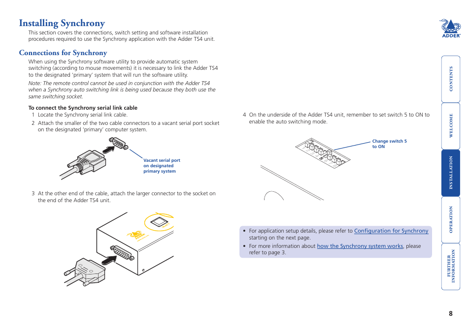 Installing synchrony, Connections for synchrony, Installing.synchrony | Connections.for.synchrony, See the | Adder Technology Adder TS4 User Manual | Page 9 / 22