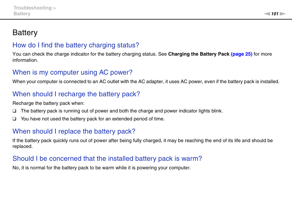 Battery, How do i find the battery charging status, When is my computer using ac power | When should i recharge the battery pack, When should i replace the battery pack | Sony VPCW121AX User Manual | Page 101 / 128