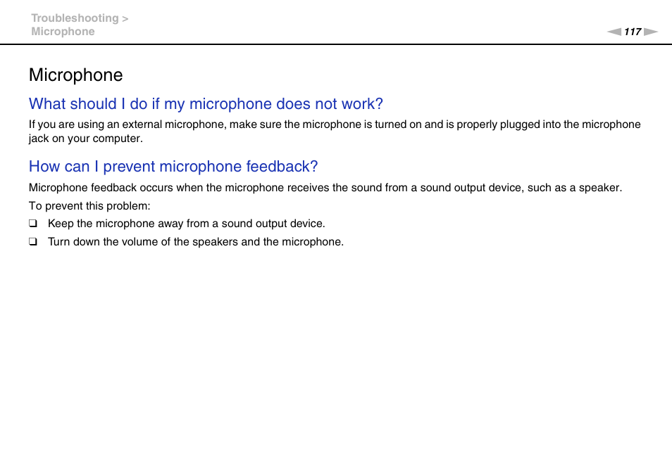 Microphone, What should i do if my microphone does not work, How can i prevent microphone feedback | Sony VPCW121AX User Manual | Page 117 / 128