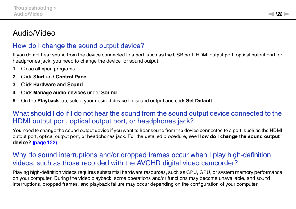 Audio/video, How do i change the sound output device | Sony VPCW121AX User Manual | Page 122 / 128