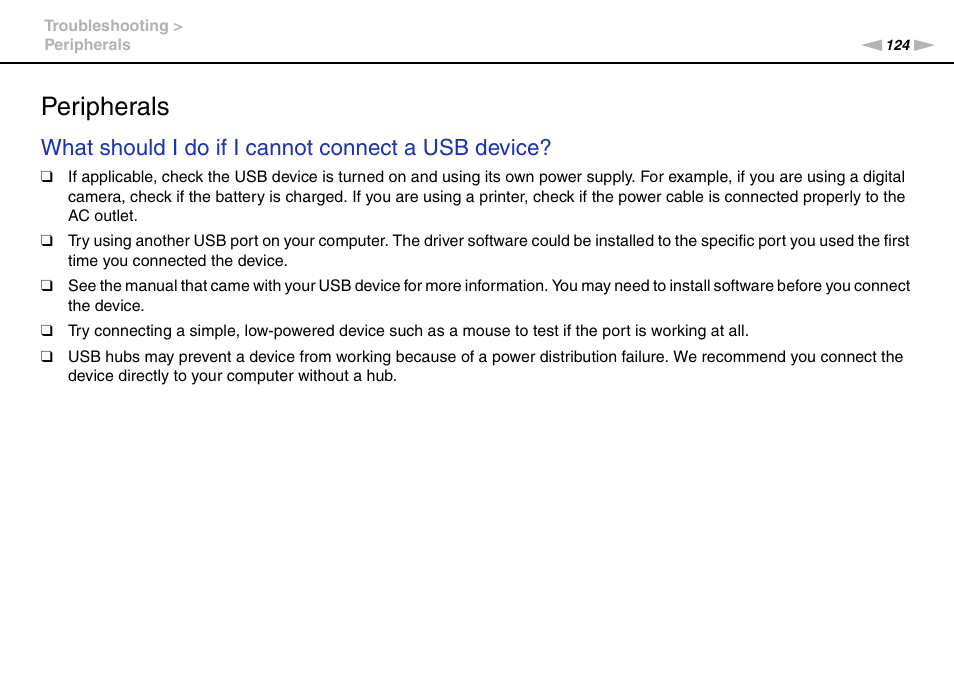 Peripherals, What should i do if i cannot connect a usb device | Sony VPCW121AX User Manual | Page 124 / 128