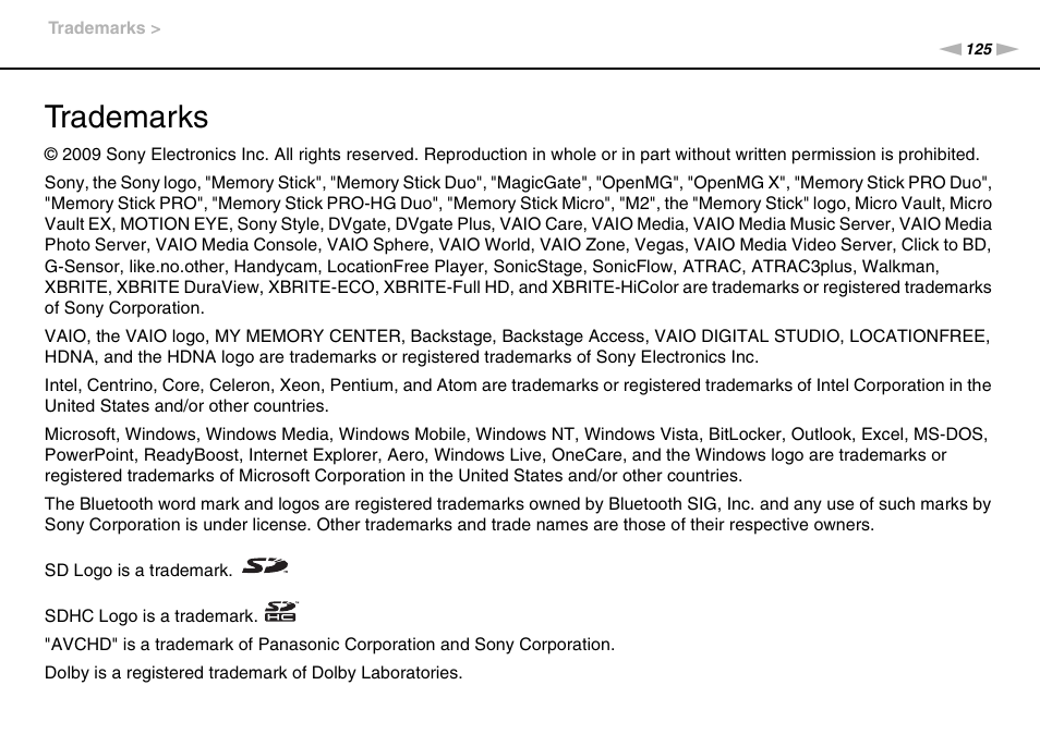 Trademarks | Sony VPCW121AX User Manual | Page 125 / 128