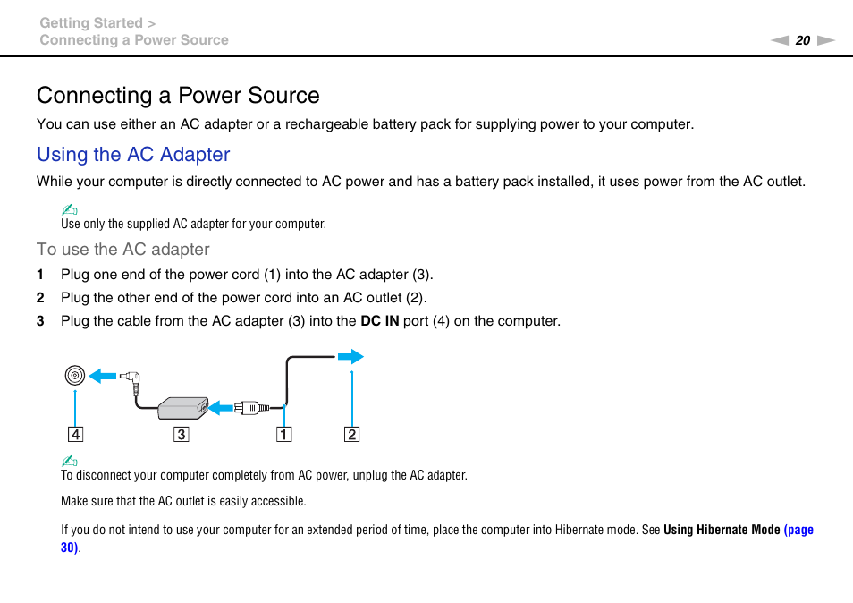 Connecting a power source, Using the ac adapter | Sony VPCW121AX User Manual | Page 20 / 128