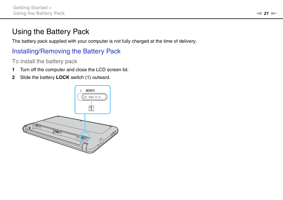Using the battery pack, Installing/removing the battery pack | Sony VPCW121AX User Manual | Page 21 / 128
