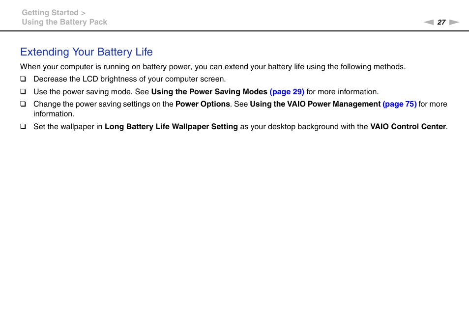 Extending your battery life | Sony VPCW121AX User Manual | Page 27 / 128