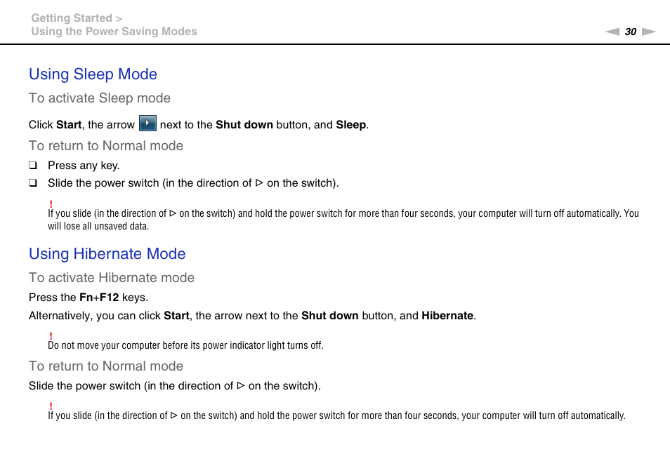 Using sleep mode, Using hibernate mode | Sony VPCW121AX User Manual | Page 30 / 128