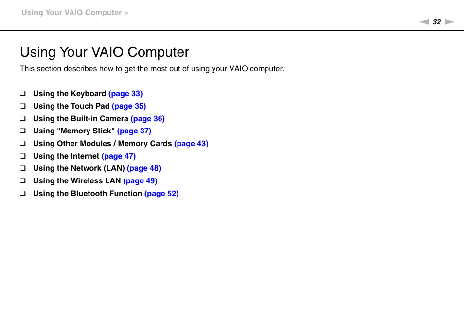 Using your vaio computer | Sony VPCW121AX User Manual | Page 32 / 128