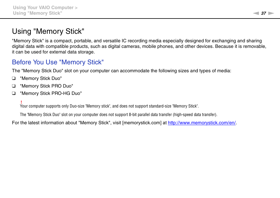 Using "memory stick | Sony VPCW121AX User Manual | Page 37 / 128