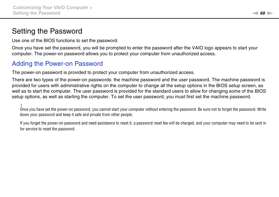 Setting the password, Adding the power-on password | Sony VPCW121AX User Manual | Page 69 / 128