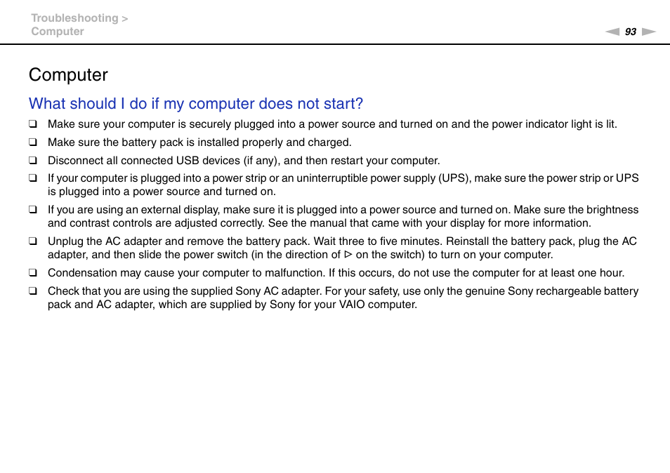 Computer, What should i do if my computer does not start | Sony VPCW121AX User Manual | Page 93 / 128