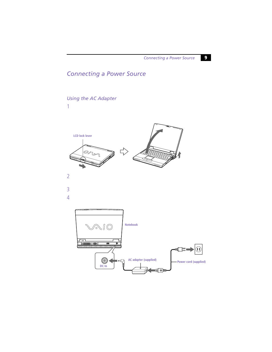 Connecting a power source, Using the ac adapter | Sony PCG-XG19 User Manual | Page 21 / 108