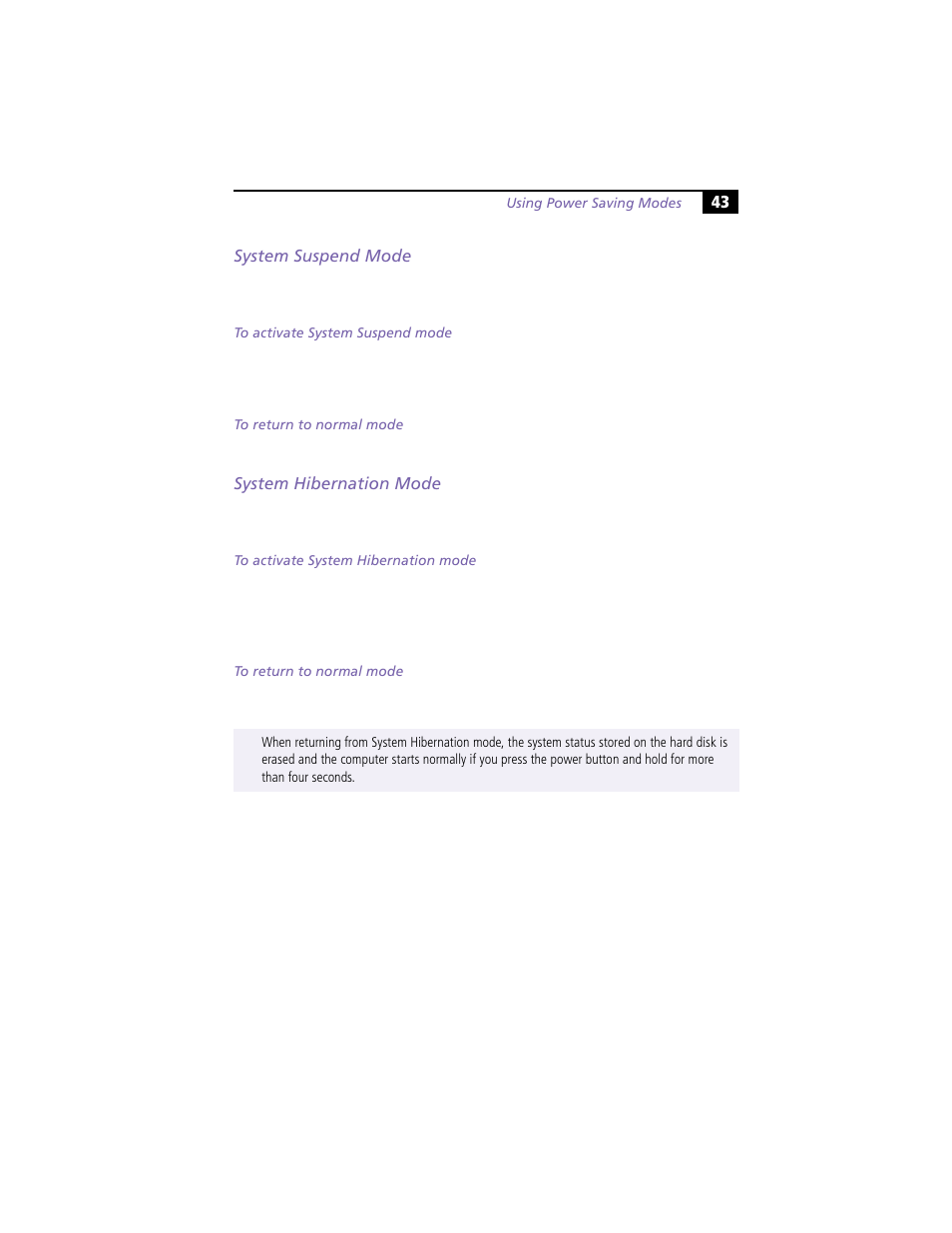 System suspend mode, System hibernation mode, System suspend mode system hibernation mode | Sony PCG-XG19 User Manual | Page 55 / 108