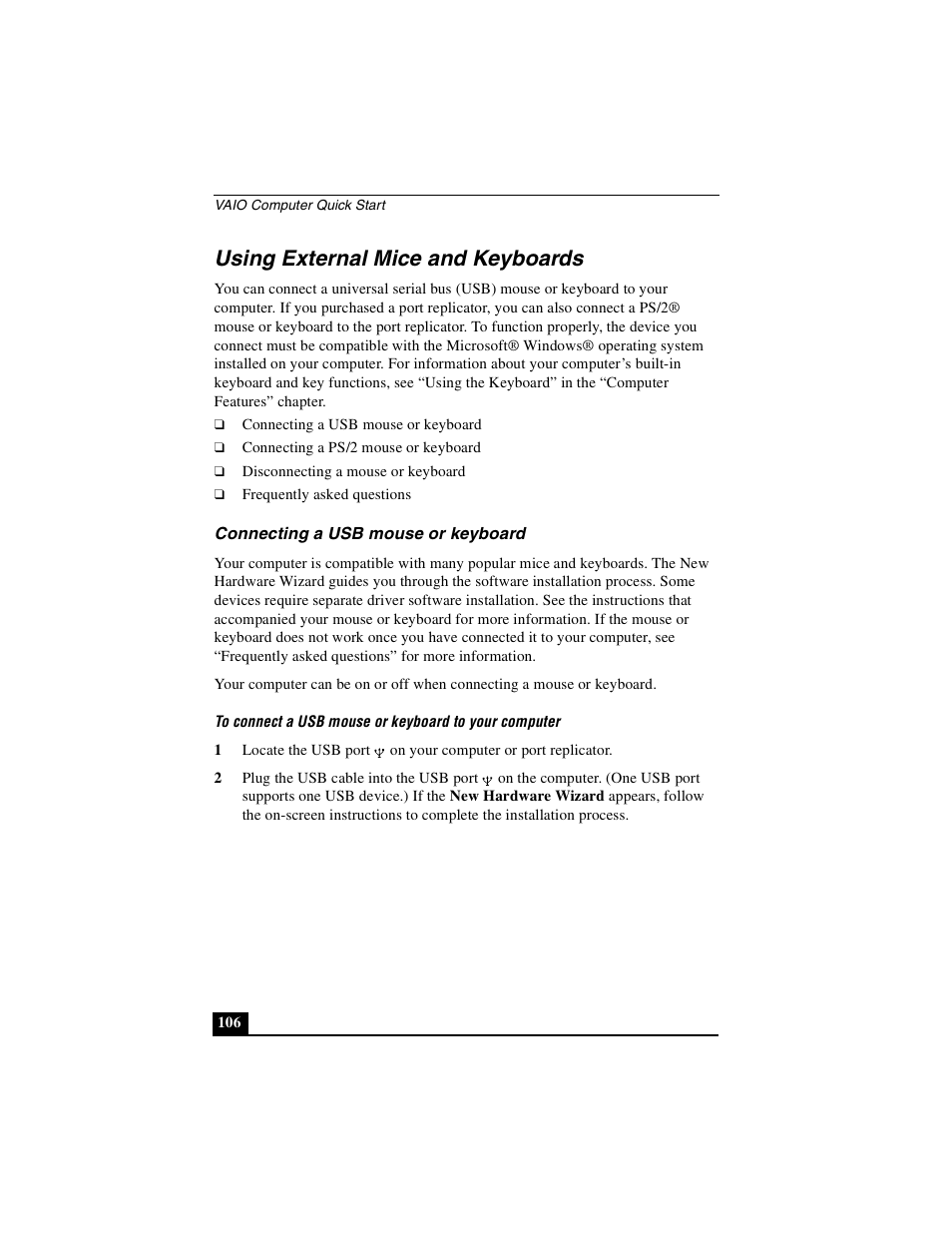 Using external mice and keyboards, Connecting a usb mouse or keyboard | Sony PCG-GRX690P User Manual | Page 106 / 222