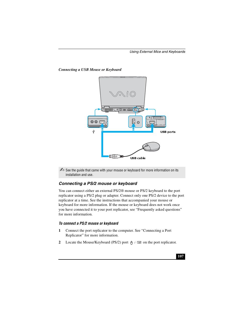 Connecting a ps/2 mouse or keyboard | Sony PCG-GRX690P User Manual | Page 107 / 222