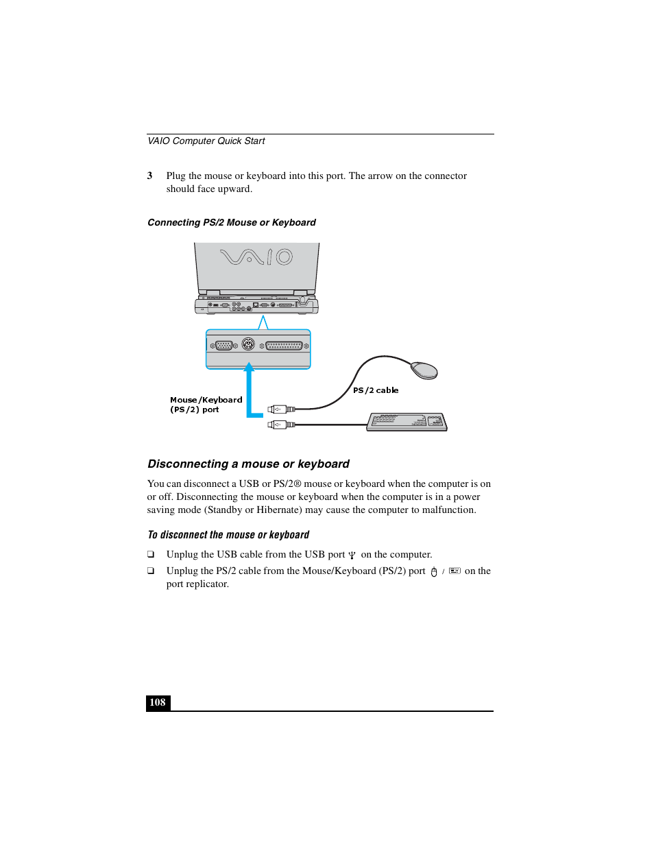 Disconnecting a mouse or keyboard | Sony PCG-GRX690P User Manual | Page 108 / 222