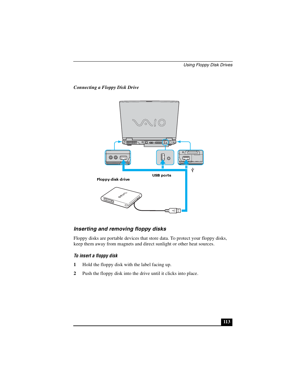 Inserting and removing floppy disks | Sony PCG-GRX690P User Manual | Page 113 / 222