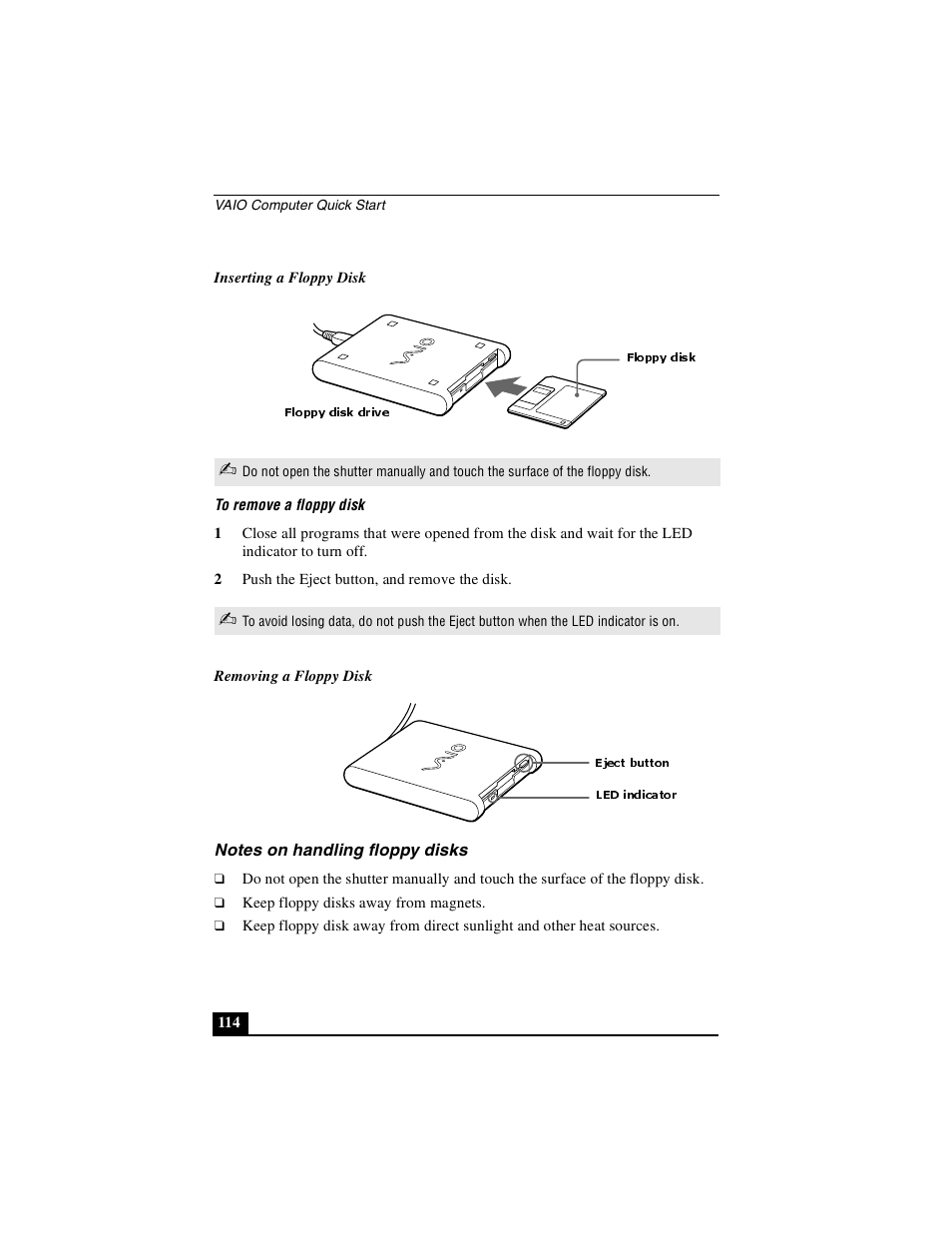 Notes on handling floppy disks | Sony PCG-GRX690P User Manual | Page 114 / 222