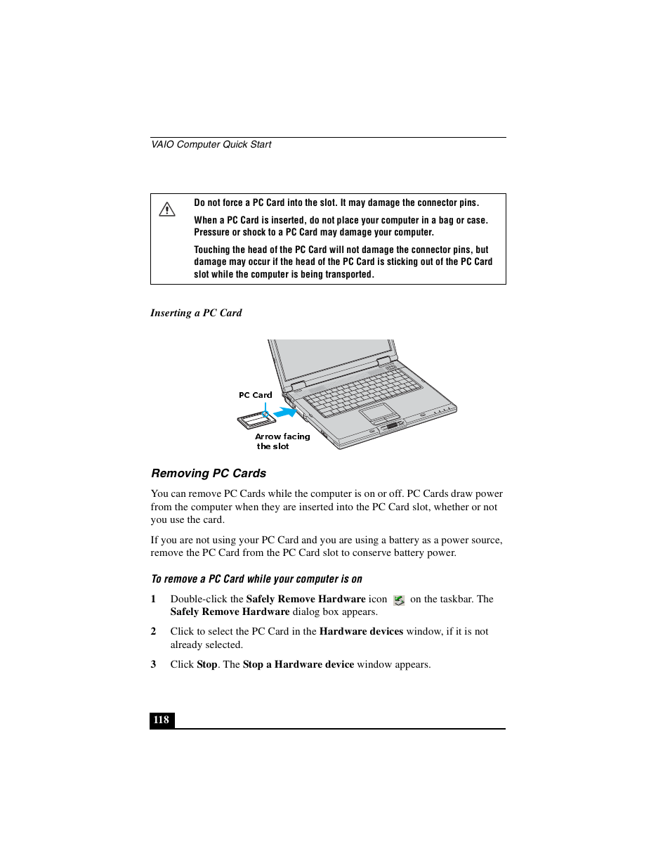 Removing pc cards | Sony PCG-GRX690P User Manual | Page 118 / 222