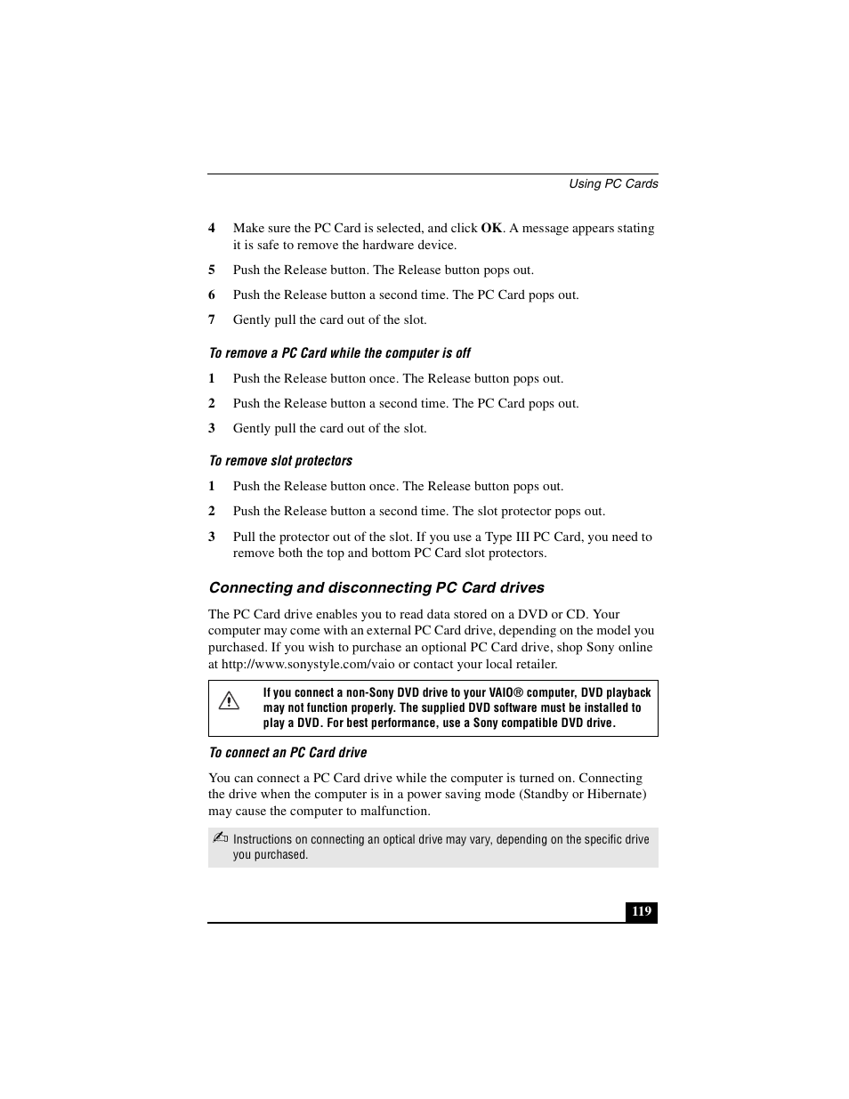 Connecting and disconnecting pc card drives, To remove slot protectors | Sony PCG-GRX690P User Manual | Page 119 / 222