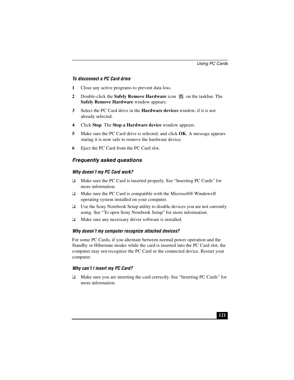 Frequently asked questions | Sony PCG-GRX690P User Manual | Page 121 / 222