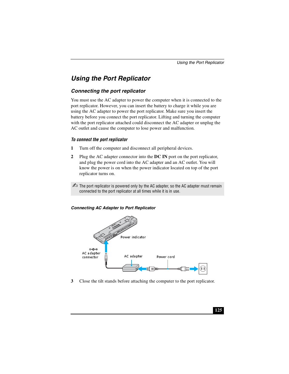 Using the port replicator, Connecting the port replicator | Sony PCG-GRX690P User Manual | Page 125 / 222