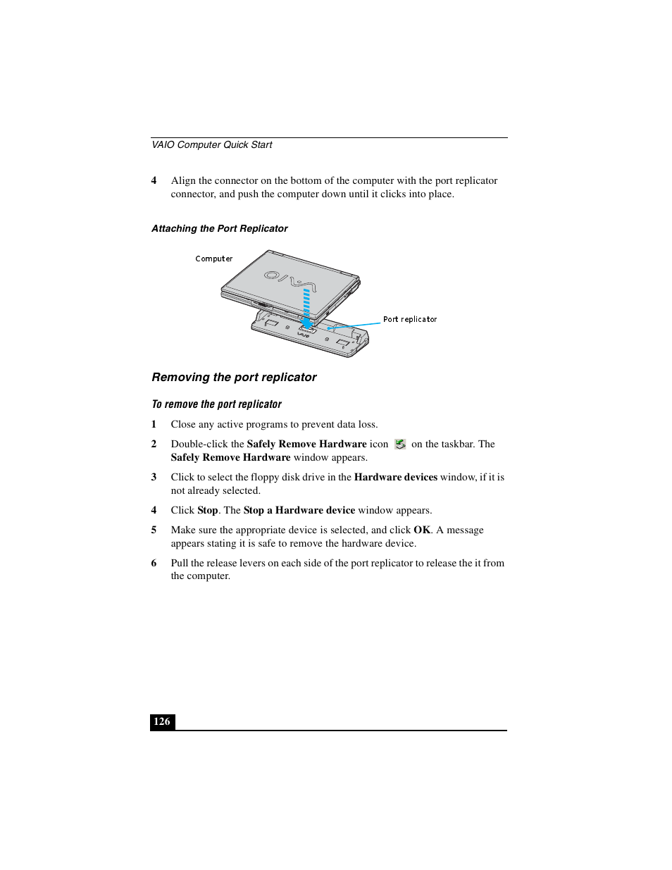 Removing the port replicator | Sony PCG-GRX690P User Manual | Page 126 / 222