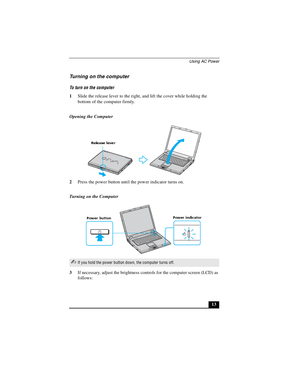 Turning on the computer | Sony PCG-GRX690P User Manual | Page 13 / 222