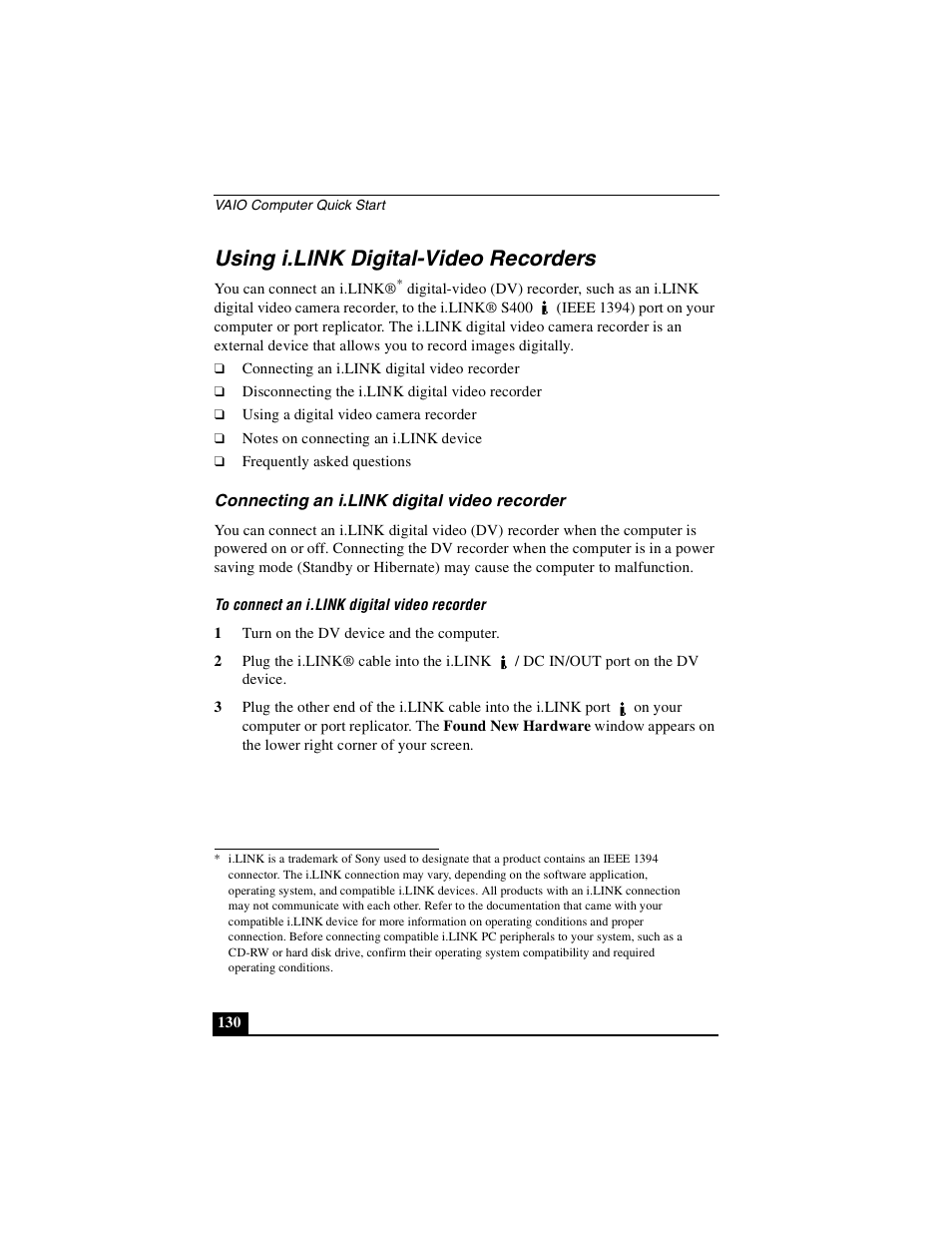 Using i.link digital-video recorders, Connecting an i.link digital video recorder | Sony PCG-GRX690P User Manual | Page 130 / 222