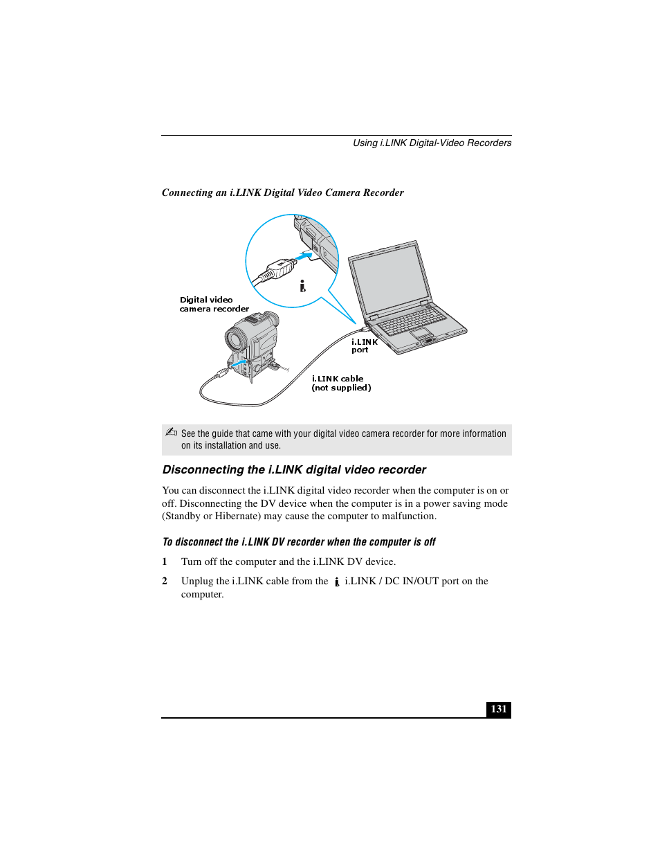 Disconnecting the i.link digital video recorder | Sony PCG-GRX690P User Manual | Page 131 / 222