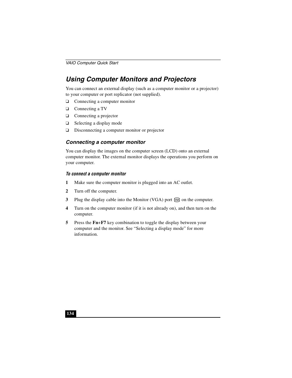 Using computer monitors and projectors, Connecting a computer monitor | Sony PCG-GRX690P User Manual | Page 134 / 222